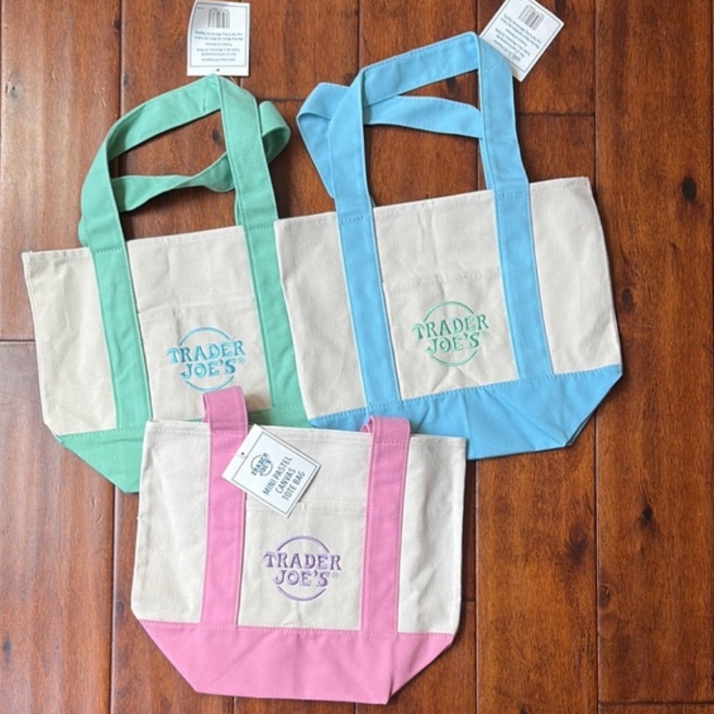 🆕 Trader Joe’s Pastel Mini Canvas Tote Bag Bundle of 3 - Green, Pink, Blue